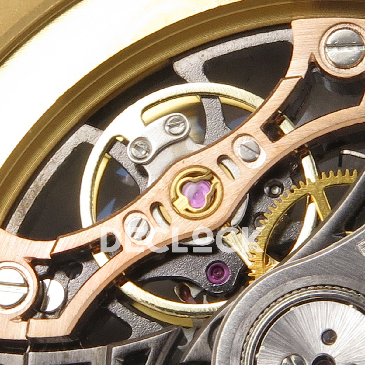 Audemars Piguet Royal Oak Openworked 15407BA DDF replica - original copper balance bridge, purple jewels and gold balance wheel in close-up