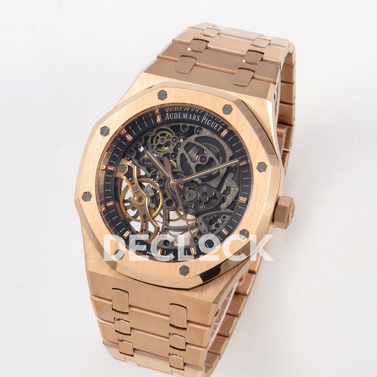 Audemars Piguet Royal Oak Openworked 15407OR DDF replica - angled openworked dial and octagonal rose gold-tone bezel