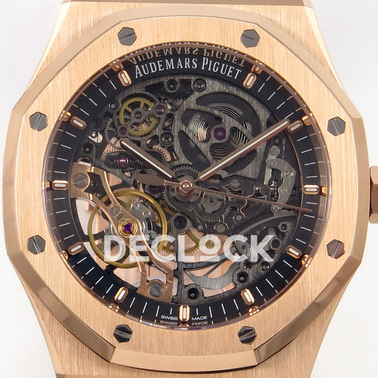 Audemars Piguet Royal Oak Openworked 15407OR DDF replica - original openworked dial, rose gold hands, copper balance bridge and octagonal bezel close-up