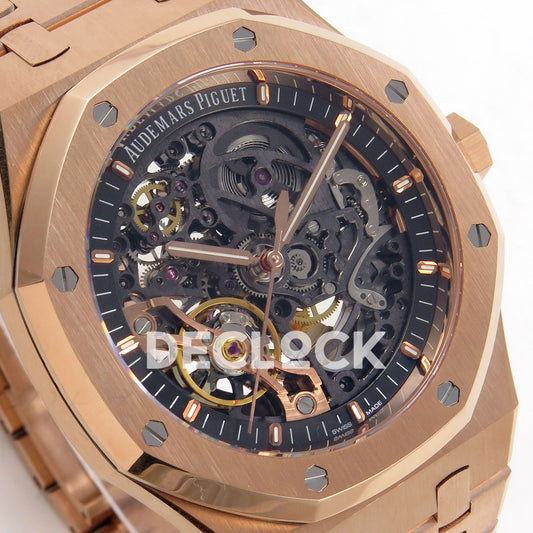 Audemars Piguet Royal Oak Openworked 15407OR DDF replica - openworked dial, original mechanical bridges and gold bezel at a left angle