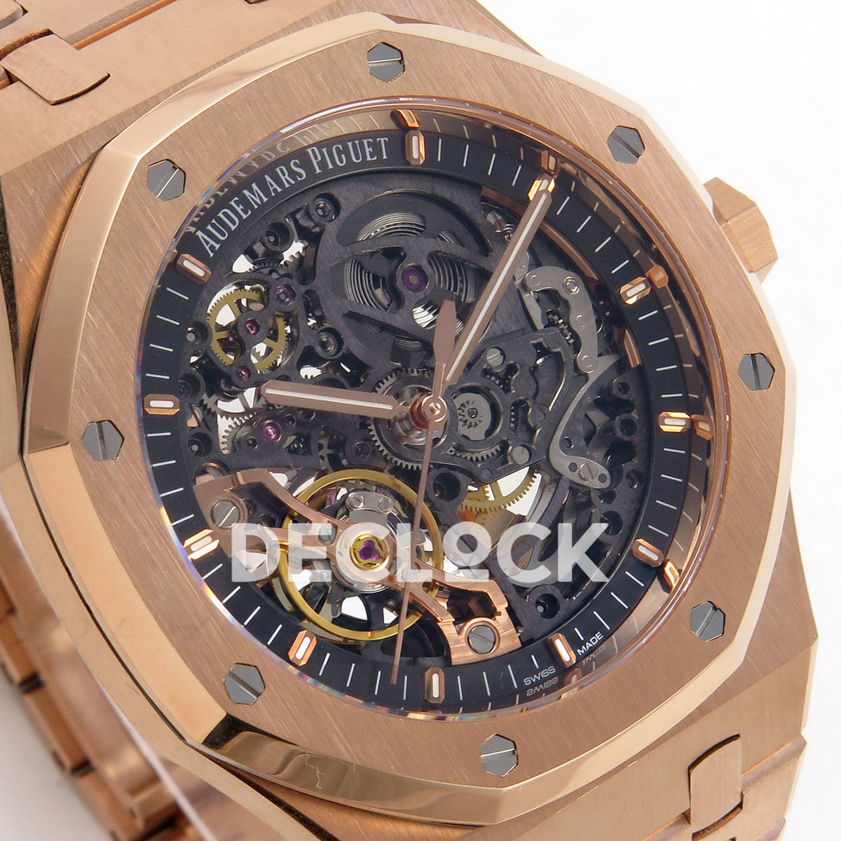 Audemars Piguet Royal Oak Openworked 15407OR DDF replica - openworked dial, original mechanical bridges and gold bezel at a left angle