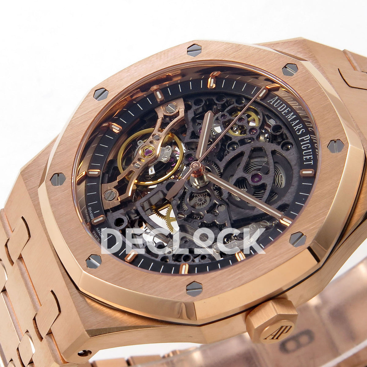 Audemars Piguet Royal Oak Openworked 15407OR DDF replica - openworked dial and integrated rose gold-tone bracelet from the opposite angle