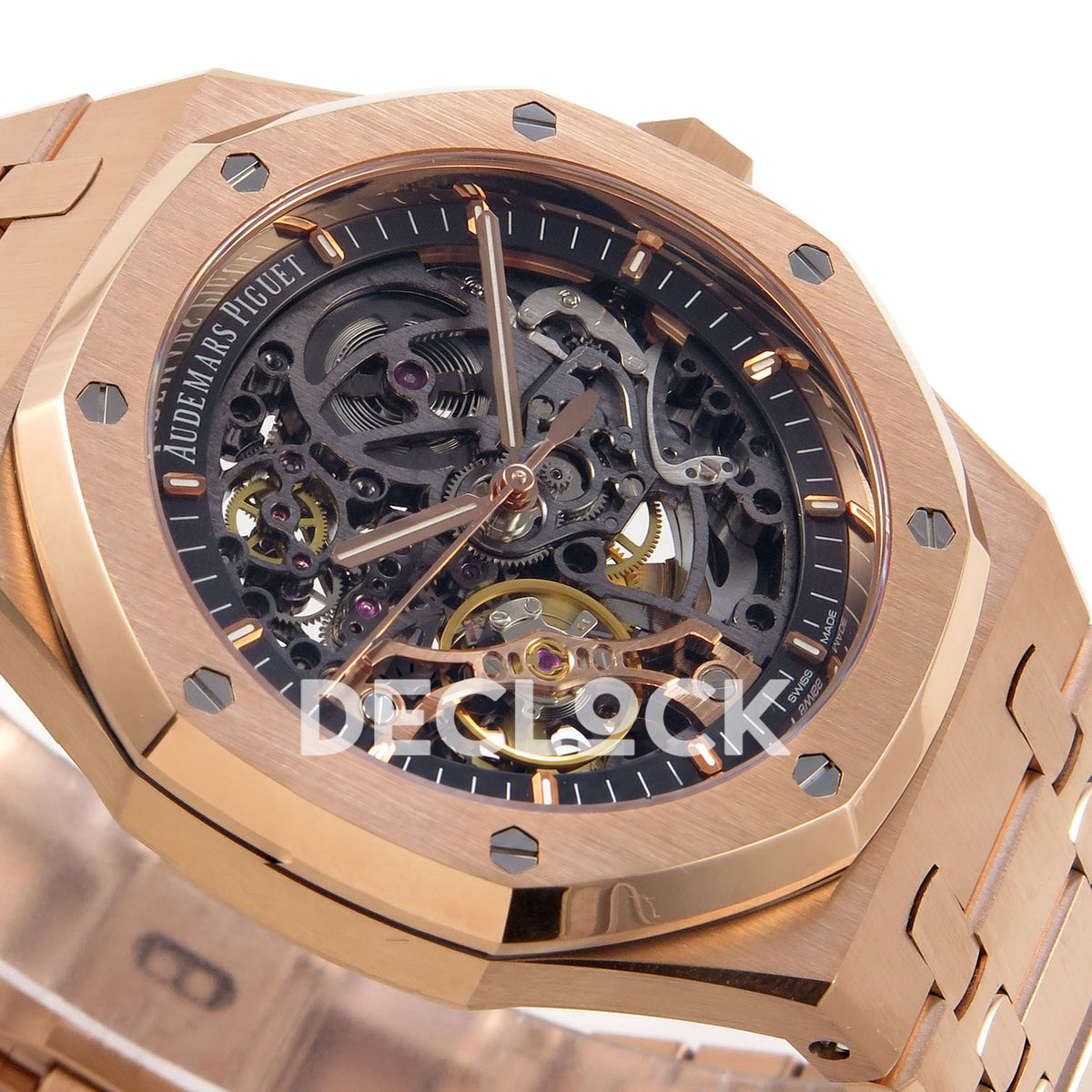 Audemars Piguet Royal Oak Openworked 15407OR DDF replica - original skeleton movement, luminous markers and rose gold-tone bezel at a low angle