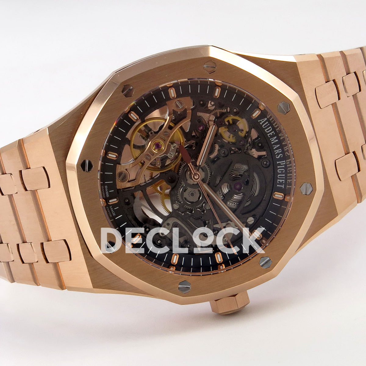 Audemars Piguet Royal Oak Openworked 15407OR DDF replica - rose gold-tone integrated bracelet, openworked dial and octagonal bezel in horizontal view