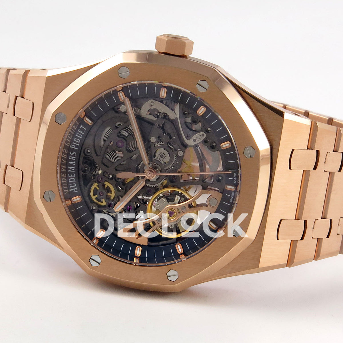 Audemars Piguet Royal Oak Openworked 15407OR DDF replica - original hands, openworked dial and rose gold-tone bracelet from the opposite side
