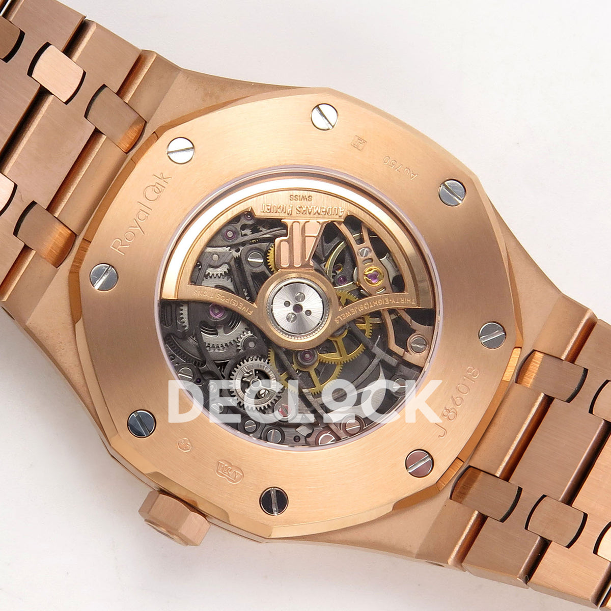 Audemars Piguet Royal Oak Openworked 15407OR DDF replica - transparent caseback, original Royal Oak and J66019 engravings and skeleton movement