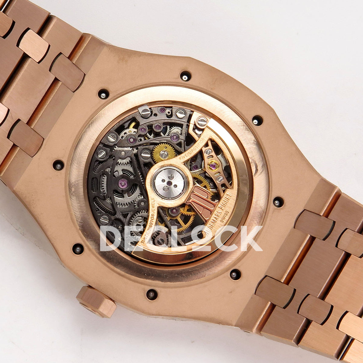 Audemars Piguet Royal Oak Openworked 15407OR DDF replica - open caseback with original silver AP rotor and skeleton movement