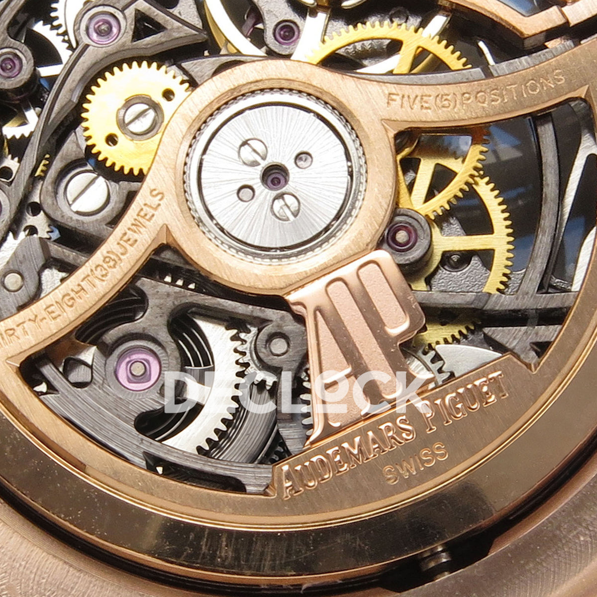 Audemars Piguet Royal Oak Openworked 15407OR DDF replica - original AP rotor, Audemars Piguet engravings and movement gears in close-up
