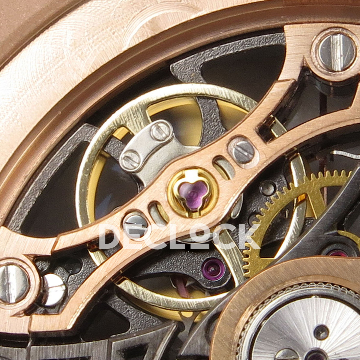 Audemars Piguet Royal Oak Openworked 15407OR DDF replica - original copper balance bridge, purple jewels and gold balance wheel in close-up