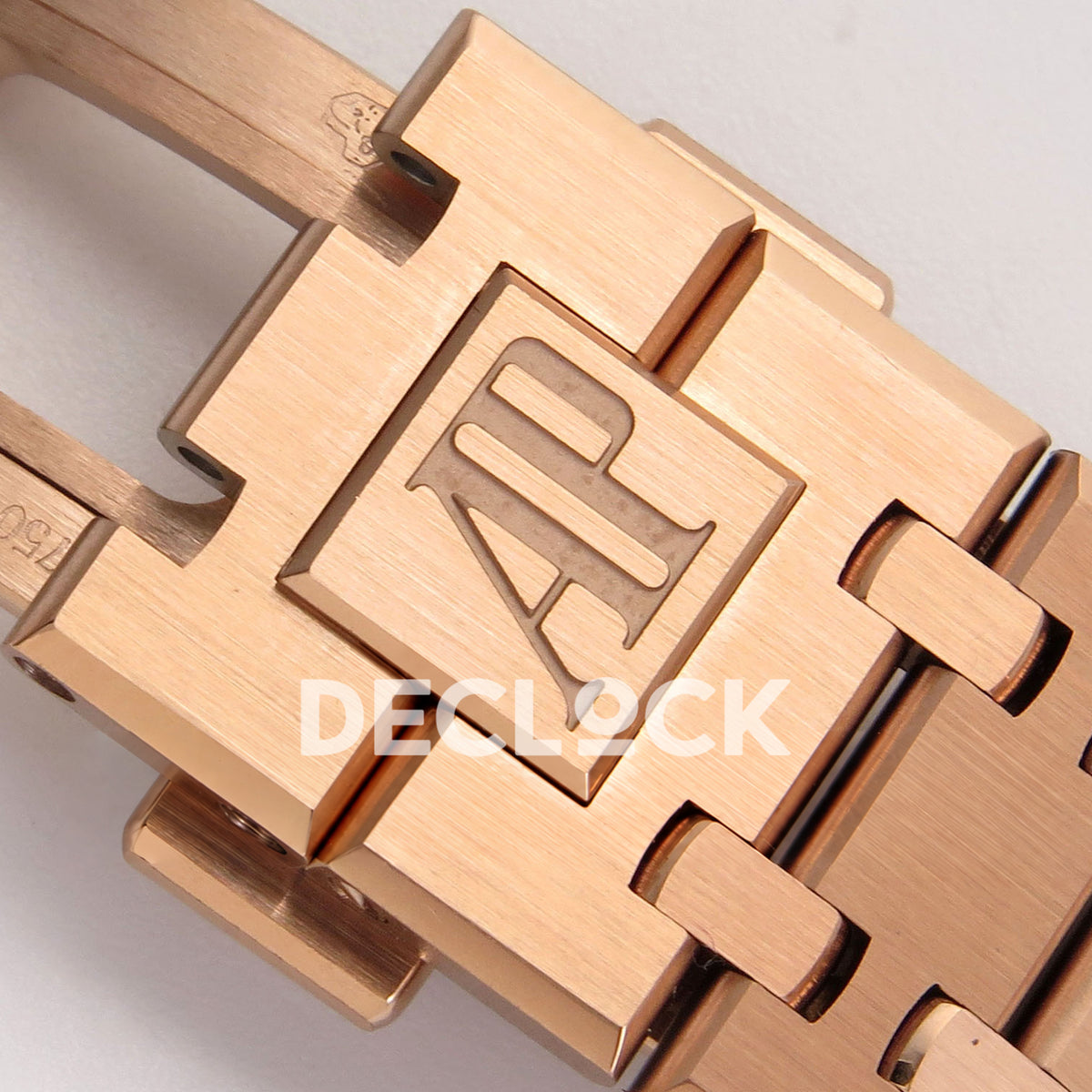 Audemars Piguet Royal Oak Openworked 15407OR DDF replica - original AP clasp engraving and rose gold-tone integrated bracelet close-up