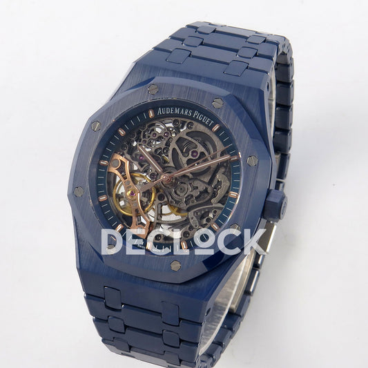 Audemars Piguet Royal Oak Openworked 15416CD DDF replica - angled skeleton dial and blue octagonal ceramic bezel