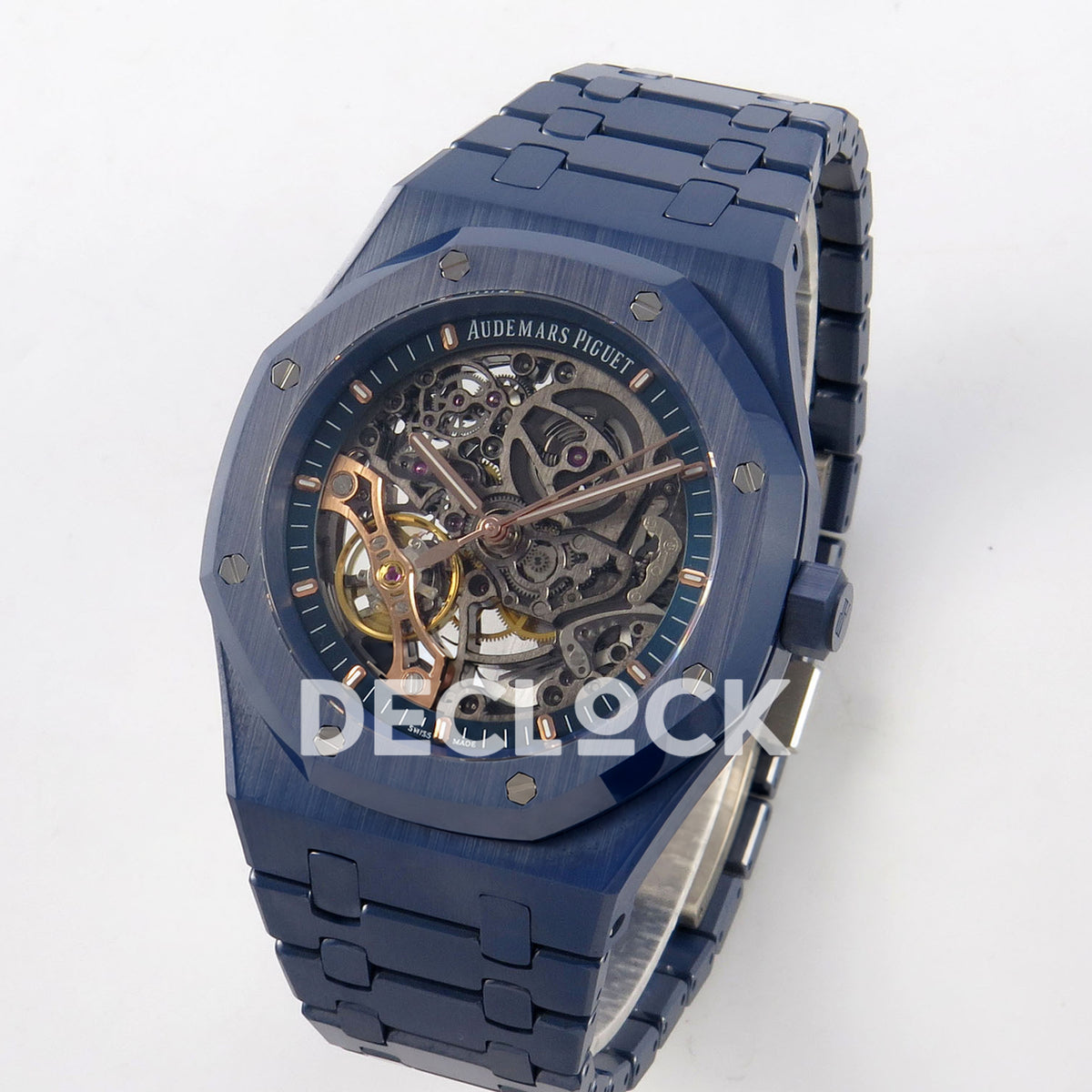 Audemars Piguet Royal Oak Openworked 15416CD DDF replica - angled skeleton dial and blue octagonal ceramic bezel
