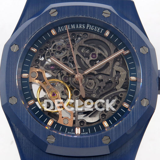 Audemars Piguet Royal Oak Openworked 15416CD DDF replica - original openworked dial, rose gold hands, copper balance bridge and blue ceramic bezel close-up