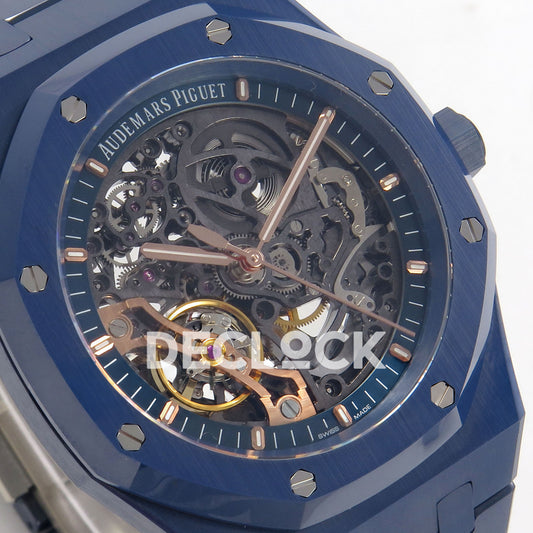 Audemars Piguet Royal Oak Openworked 15416CD DDF replica - original mechanical bridges, luminous markers and blue ceramic bezel at a left angle