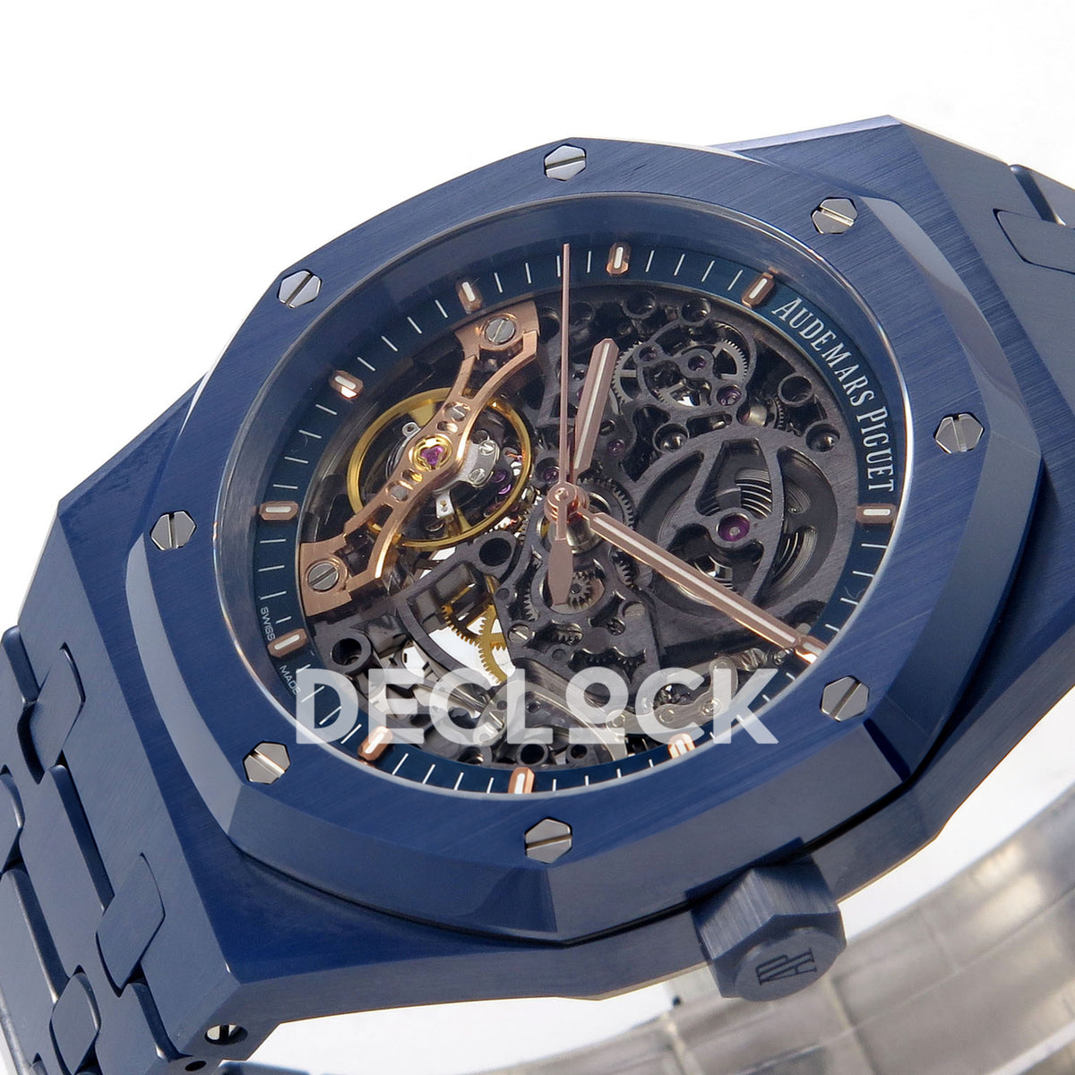 Audemars Piguet Royal Oak Openworked 15416CD DDF replica - openworked dial and integrated blue ceramic bracelet from the opposite angle