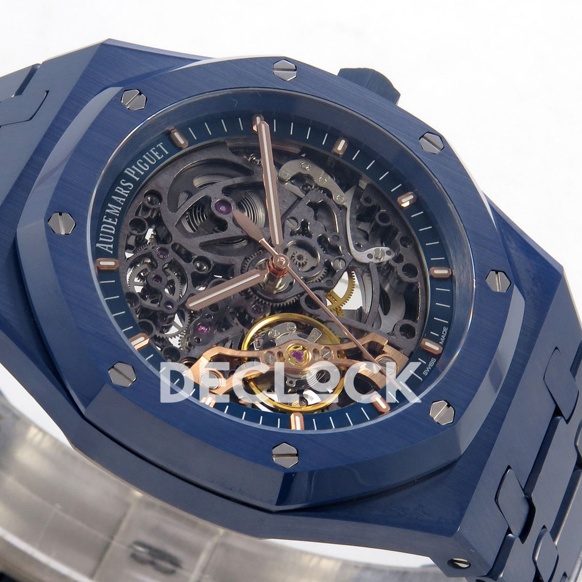 Audemars Piguet Royal Oak Openworked 15416CD DDF replica - original skeleton movement, luminous markers and blue ceramic bezel at a low angle