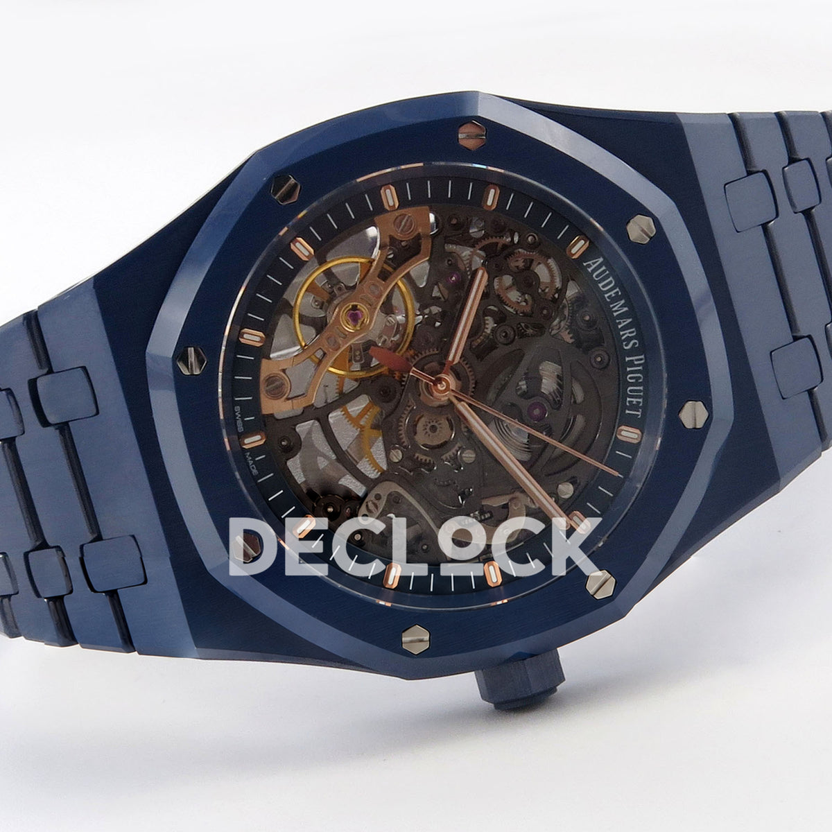 Audemars Piguet Royal Oak Openworked 15416CD DDF replica - blue ceramic integrated bracelet, openworked dial and octagonal bezel in horizontal view