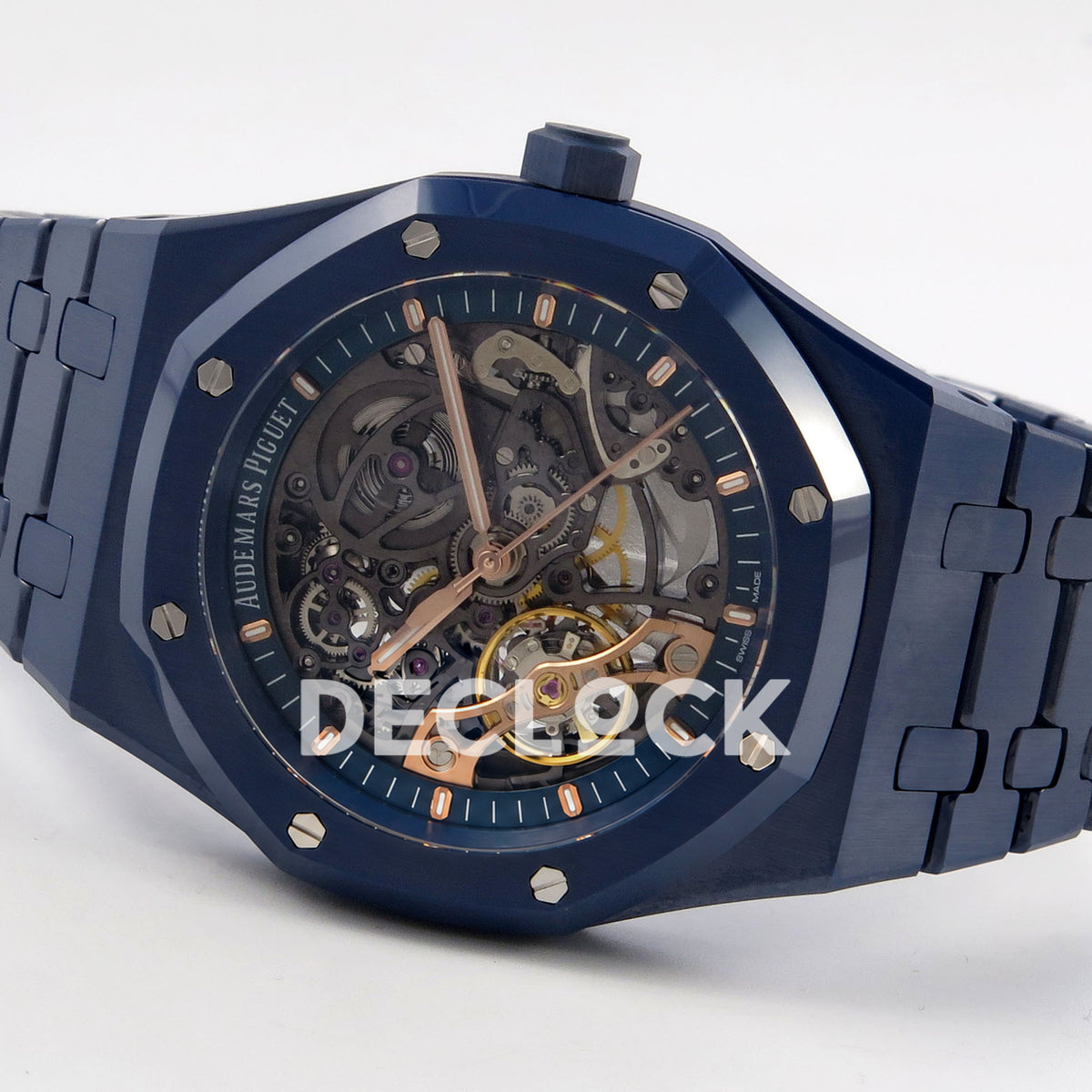 Audemars Piguet Royal Oak Openworked 15416CD DDF replica - original hands, openworked dial and blue ceramic bracelet from the opposite side