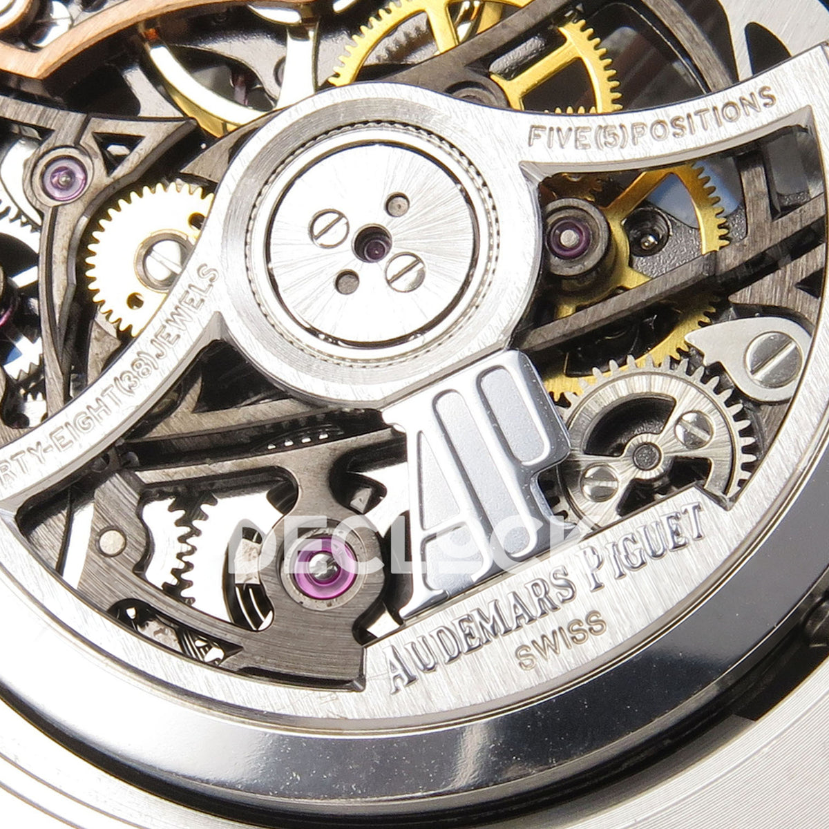 Audemars Piguet Royal Oak Openworked 15416CD DDF replica - original AP rotor, Audemars Piguet and Swiss engravings in close-up