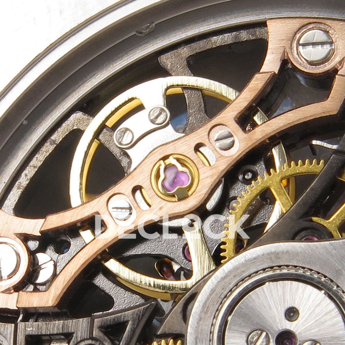 Audemars Piguet Royal Oak Openworked 15416CD DDF replica - original copper balance bridge, gold balance wheel and purple jewels in close-up