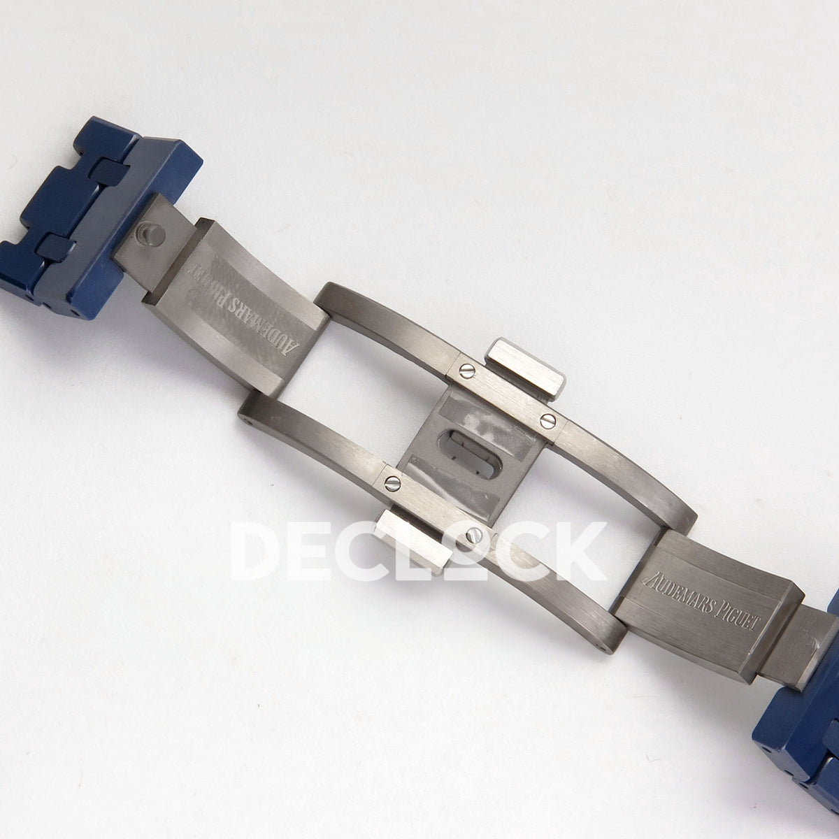 Audemars Piguet Royal Oak Openworked 15416CD DDF replica - fully opened folding clasp with original Audemars Piguet engraving and blue ceramic bracelet