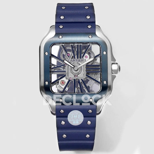 Replica Cartier Santos de Cartier Skeleton SS Blue Strap Blue Bezel | Declock.