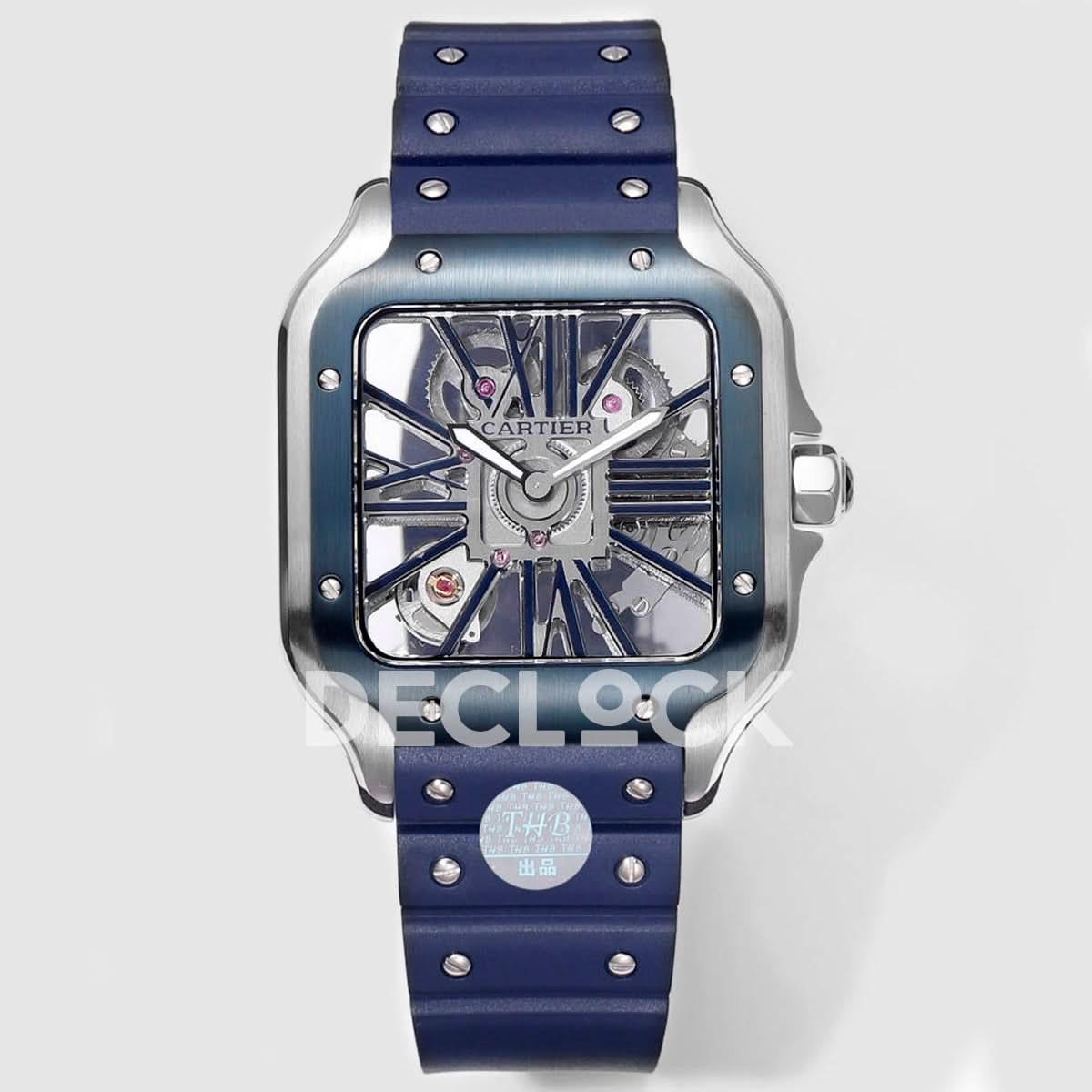 Replica Cartier Santos de Cartier Skeleton SS Blue Strap Blue Bezel |  Declock.