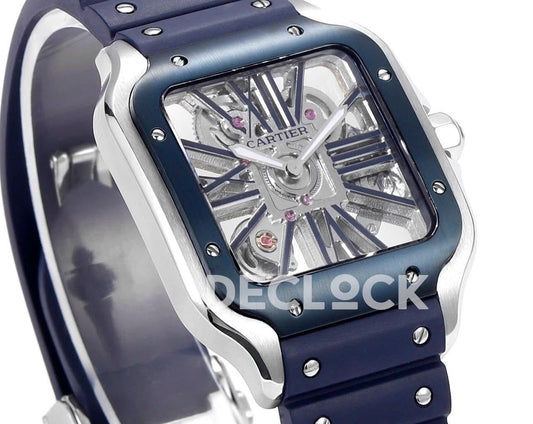 Replica Cartier Santos de Cartier Skeleton SS Blue Strap Blue Bezel |  Declock.