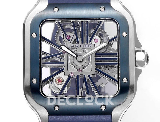 Replica Cartier Santos de Cartier Skeleton SS Blue Strap Blue Bezel |  Declock.