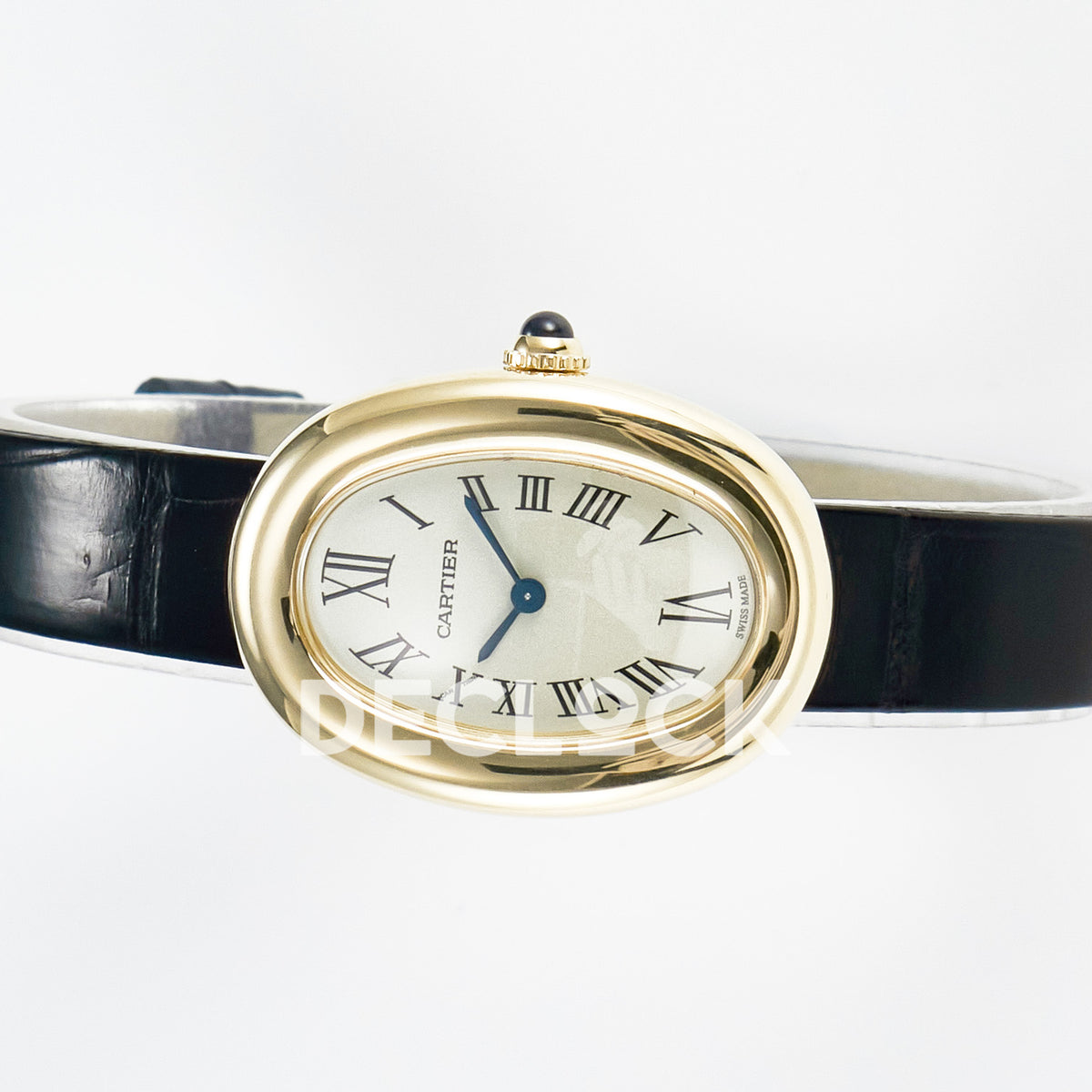 Cartier Baignoire Yellow Gold Plated 31x23mm Black Leather DRF Swiss Quartz