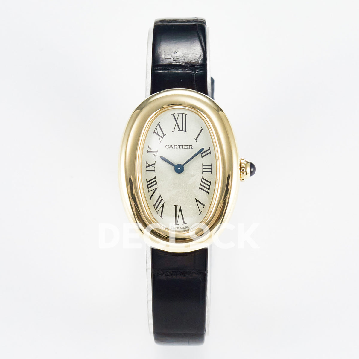 Cartier Baignoire Small 31x23mm Yellow Gold Silver Dial Black Leather Asian AAA+ Replica – front