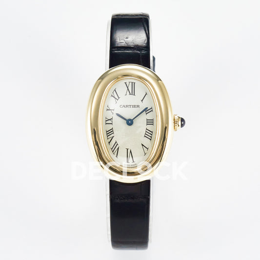 Cartier Baignoire Small 31x23mm Yellow Gold Silver Dial Black Leather Asian AAA+ Replica – front