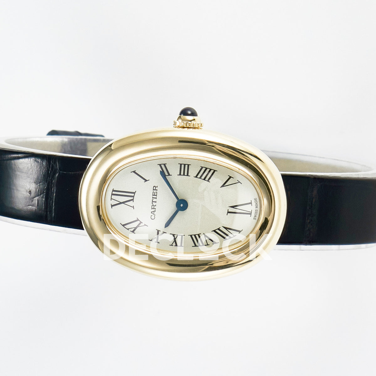Cartier Baignoire Small 31x23mm Yellow Gold Silver Dial Black Leather Asian AAA+ Replica – side angle