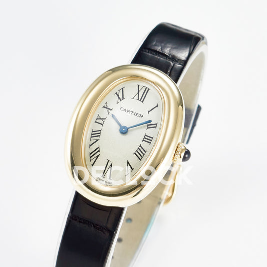 Cartier Baignoire Small 31x23mm Yellow Gold Silver Dial Black Leather Asian AAA+ Replica – three quarter