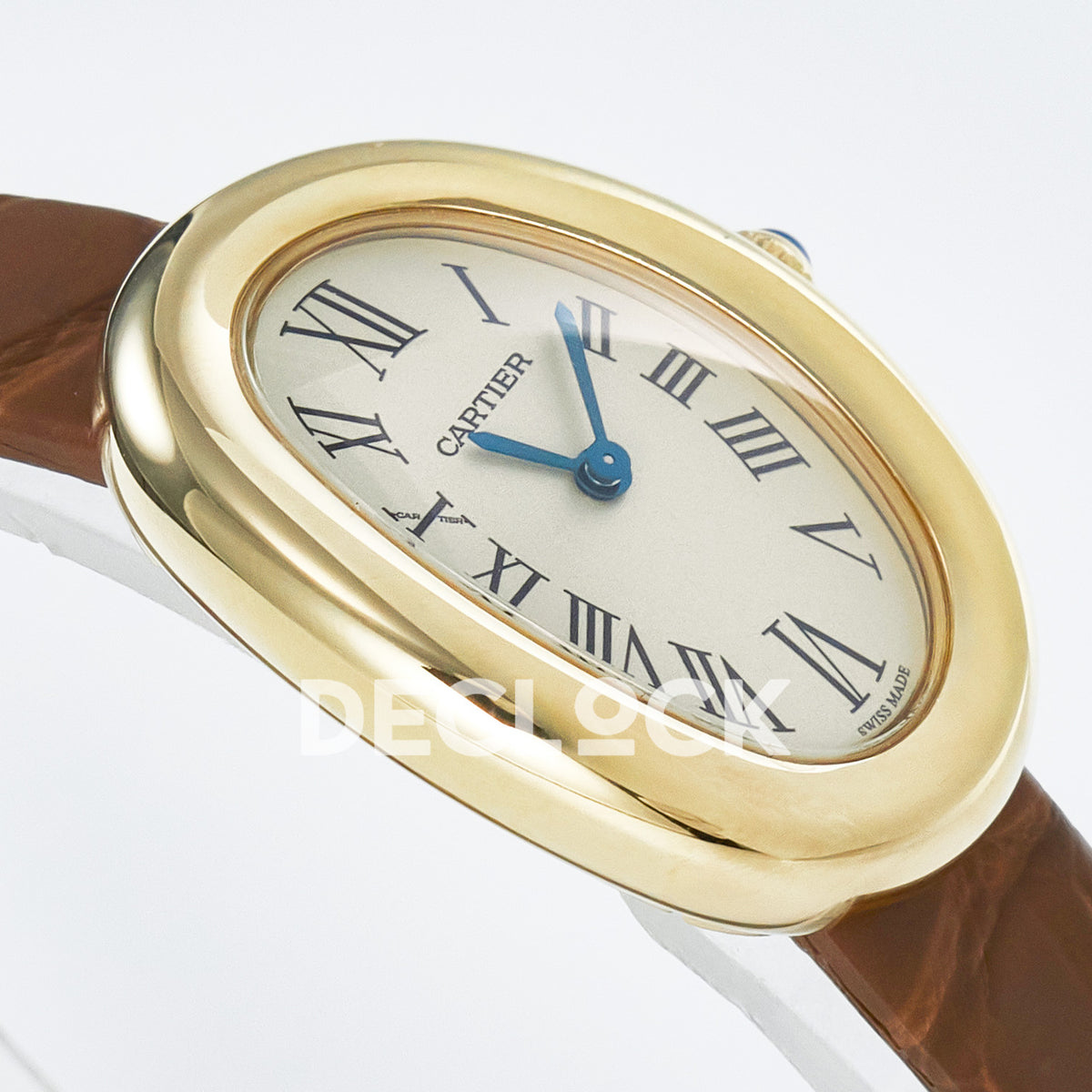 Cartier Baignoire Small 31x23mm Yellow Gold Silver Dial Brown Leather Asian AAA+ Replica – case angle