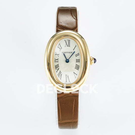 Cartier Baignoire Small 31x23mm Yellow Gold Silver Dial Brown Leather Asian AAA+ Replica – front