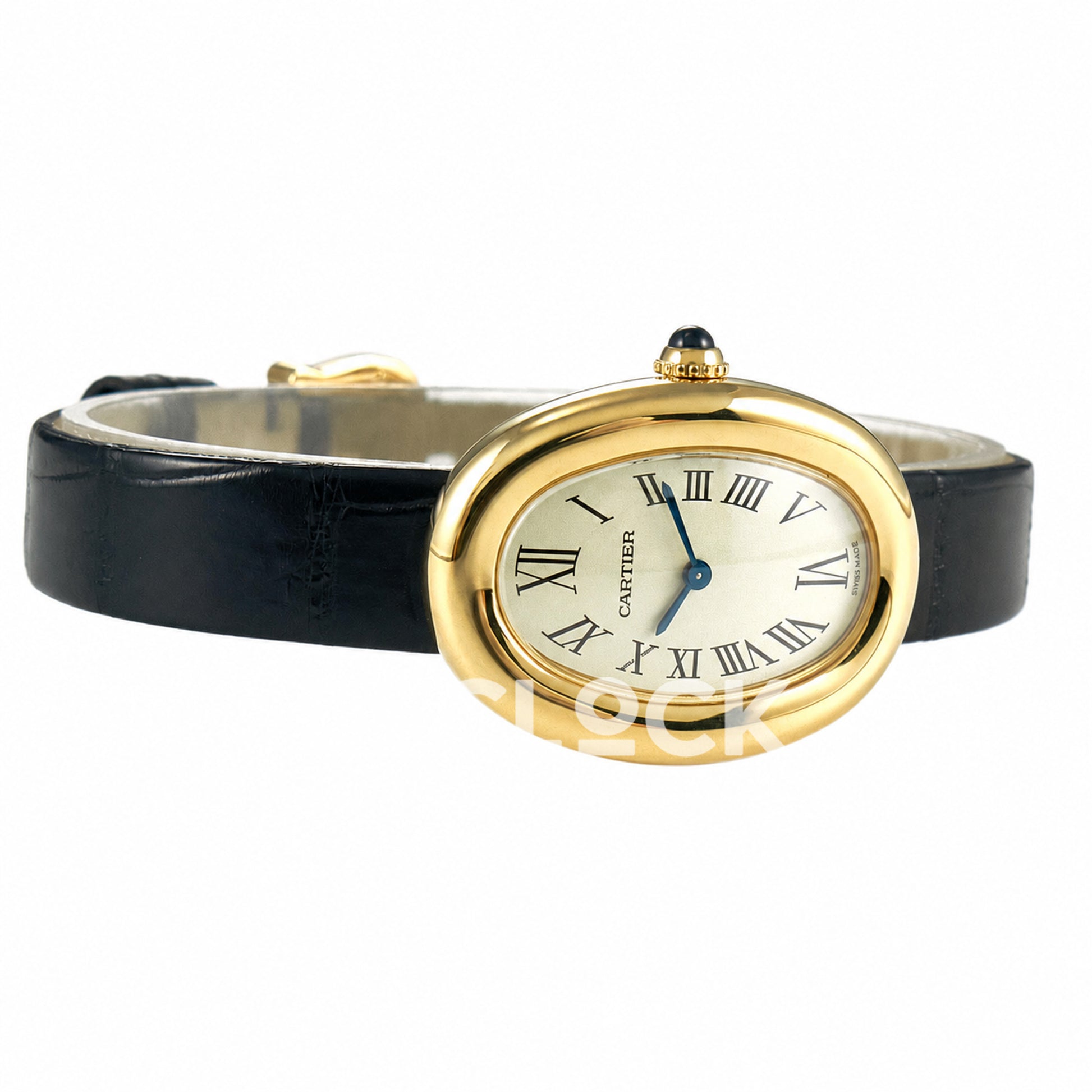 Cartier Baignoire Mini Yellow Gold Plated Black Leather Ronda Quartz