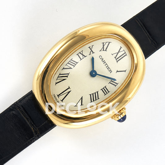 Cartier Baignoire Mini Yellow Gold Plated Black Leather Ronda Quartz