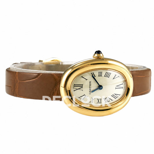 Cartier Baignoire Mini Yellow Gold Plated Brown Leather Ronda Quartz