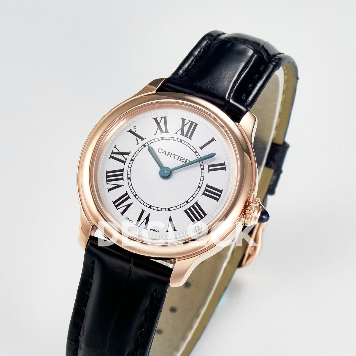 Cartier Ronde de Cartier 29mm Rose Gold White Dial Black Leather Asian AAA+ Replica – three quarter
