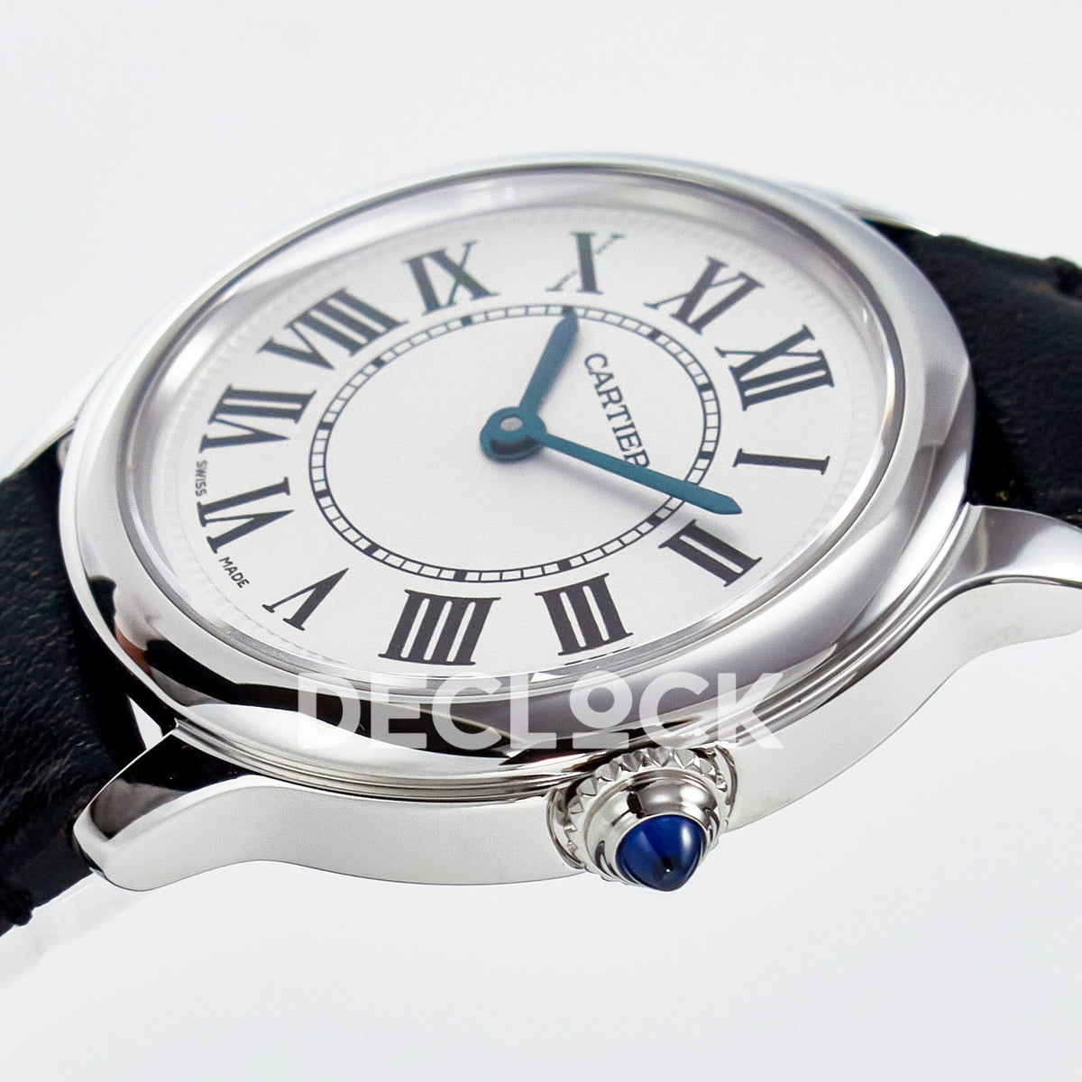 Cartier Ronde de Cartier 29mm Steel White Dial Black Leather Asian AAA+ Replica – crown angle