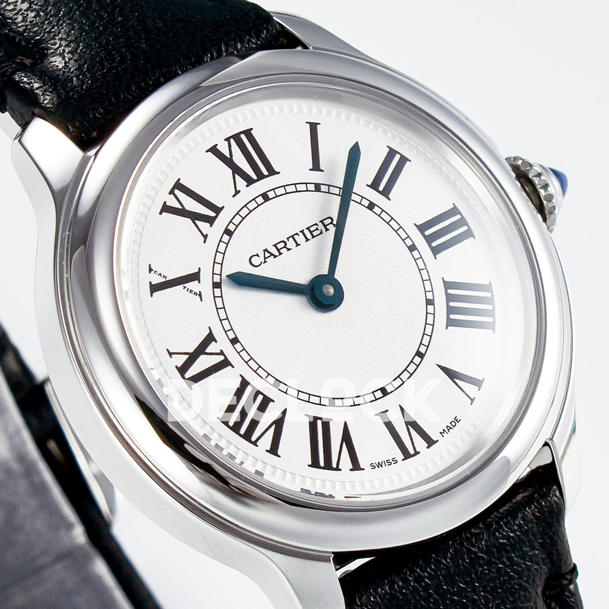 Cartier Ronde de Cartier 29mm Steel White Dial Black Leather Asian AAA+ Replica – dial angle