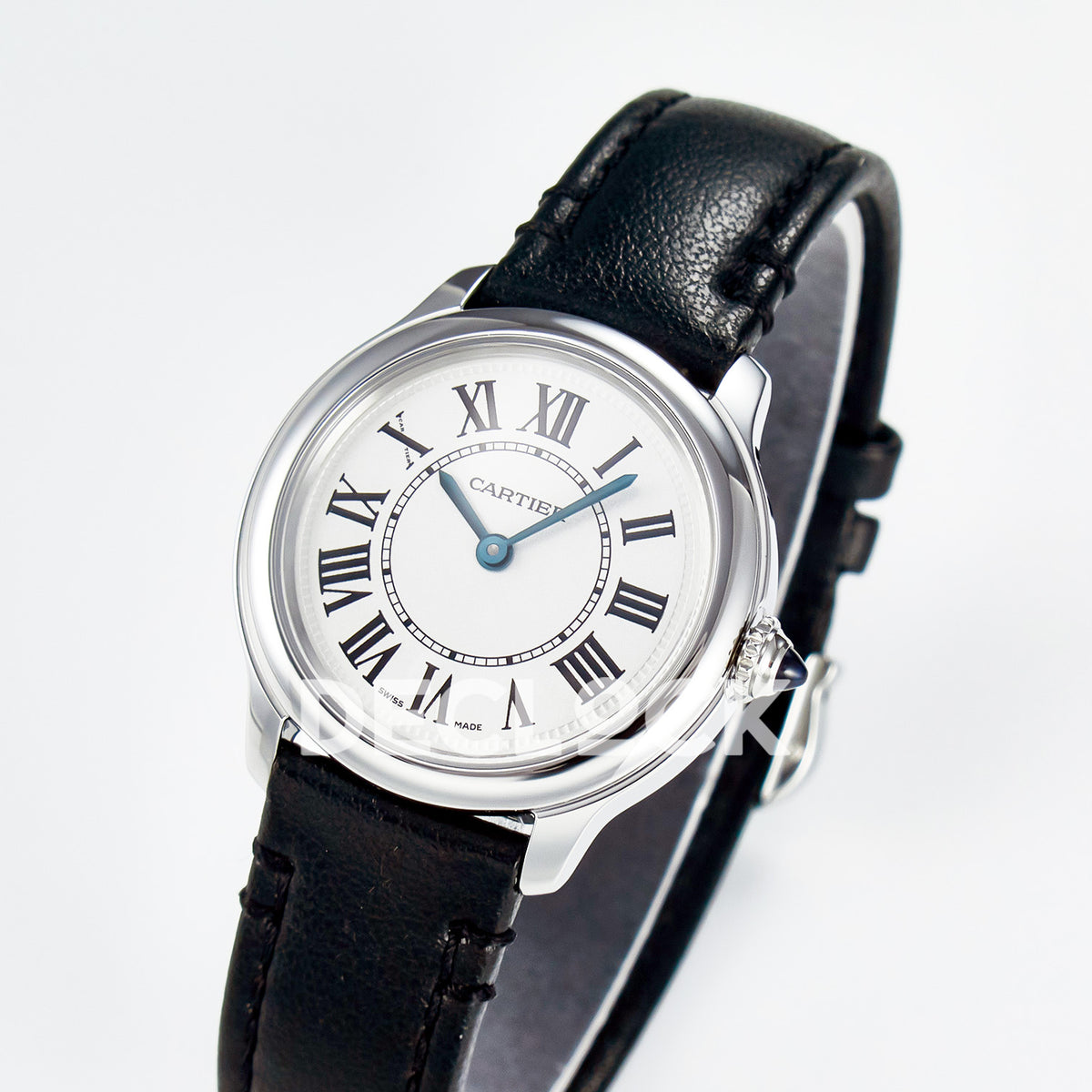 Cartier Ronde de Cartier 29mm Steel White Dial Black Leather Asian AAA+ Replica – three quarter