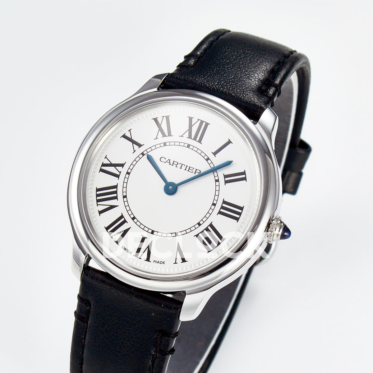 Cartier Ronde de Cartier 36mm Steel White Dial Black Leather Asian AAA+ Replica – three quarter