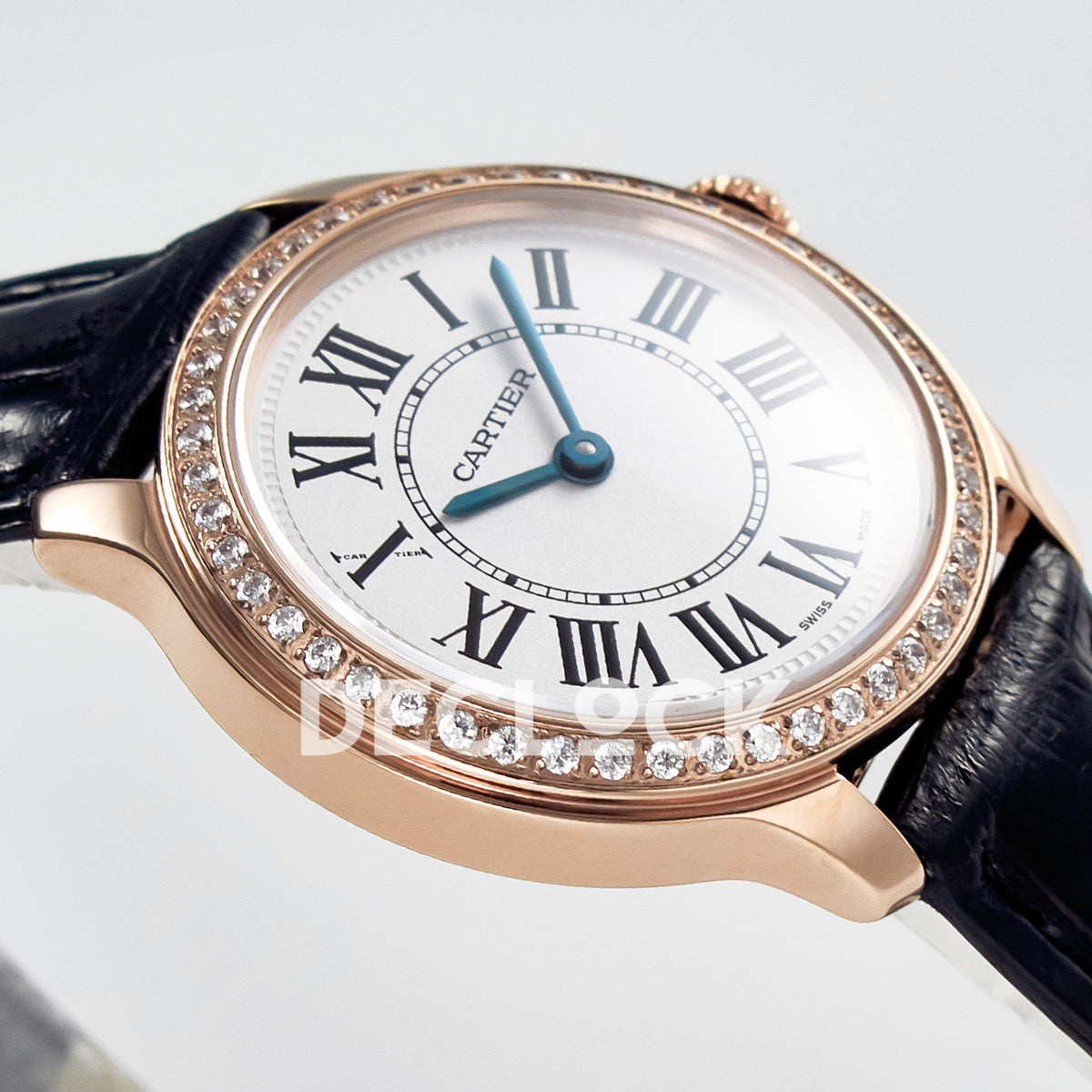 Cartier Ronde Louis Cartier 29mm Rose Gold Beige Dial Black Leather Stone Bezel Asian AAA+ Replica – case angle