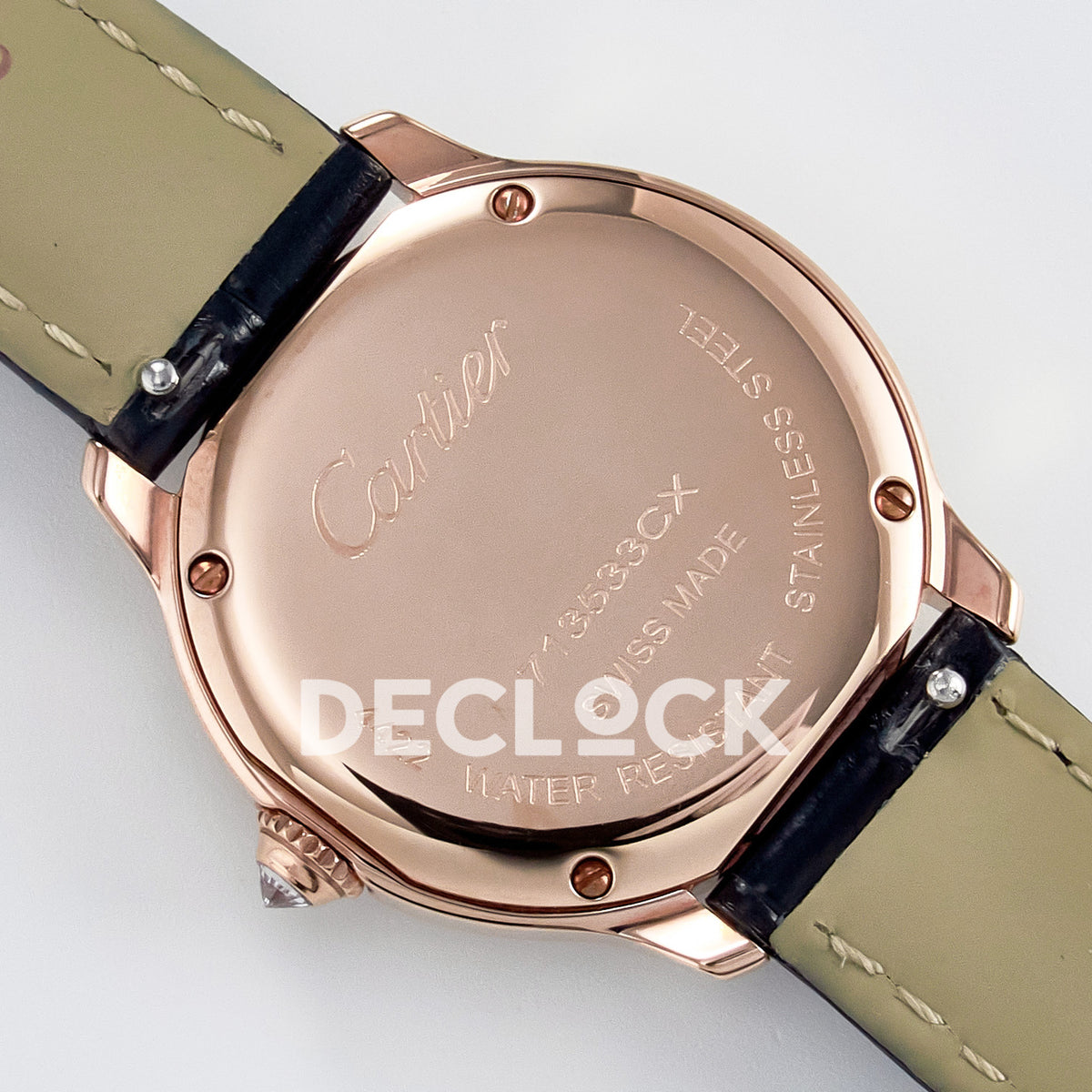 Cartier Ronde Louis Cartier 29mm Rose Gold Beige Dial Black Leather Stone Bezel Asian AAA+ Replica – caseback