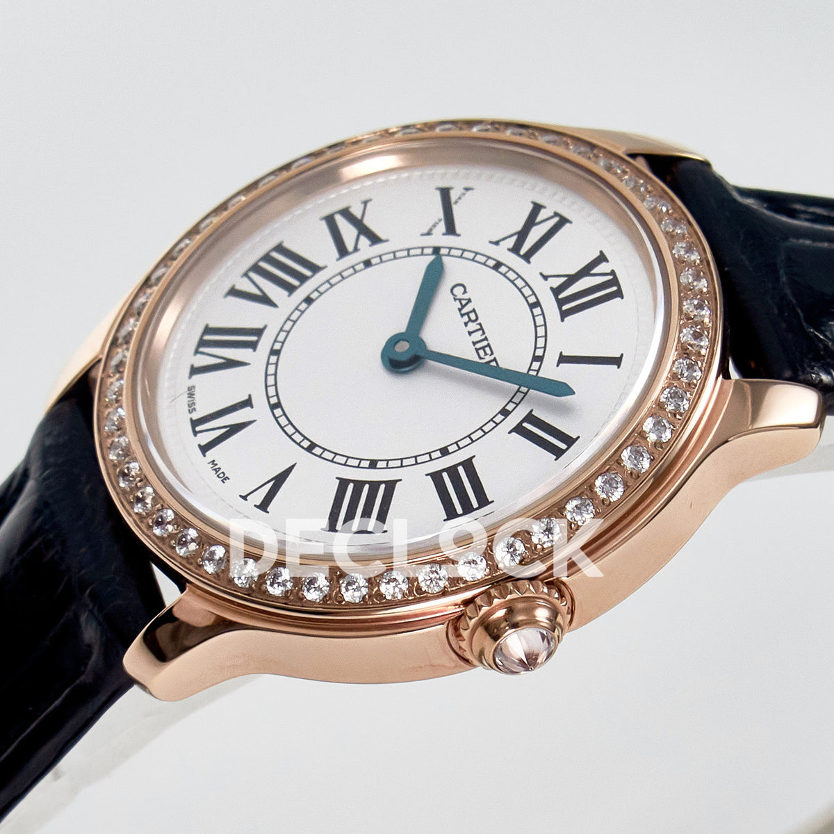 Cartier Ronde Louis Cartier 29mm Rose Gold Beige Dial Black Leather Stone Bezel Asian AAA+ Replica – crown angle