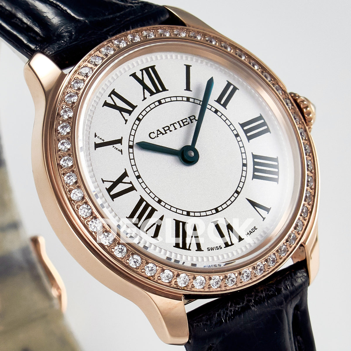 Cartier Ronde Louis Cartier 29mm Rose Gold Beige Dial Black Leather Stone Bezel Asian AAA+ Replica – dial angle