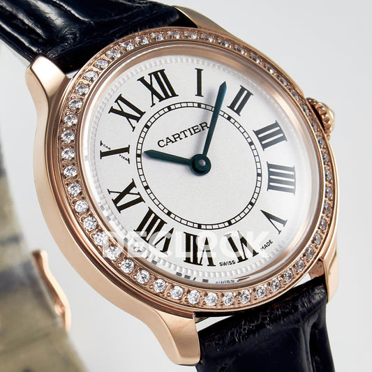 Cartier Ronde Louis Cartier 29mm Rose Gold Beige Dial Black Leather Stone Bezel Asian AAA+ Replica – dial angle