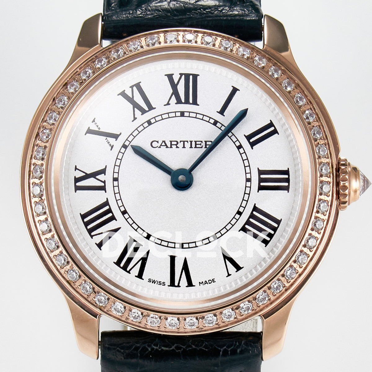 Cartier Ronde Louis Cartier 29mm Rose Gold Beige Dial Black Leather Stone Bezel Asian AAA+ Replica – dial front